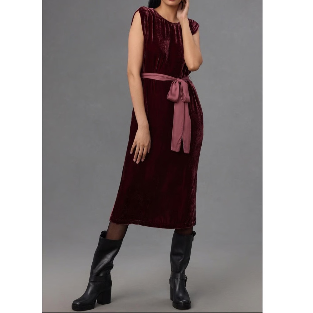 Velvet by Graham & Spencer Burgundy Velvet Midi Dress Silk Blend Purple